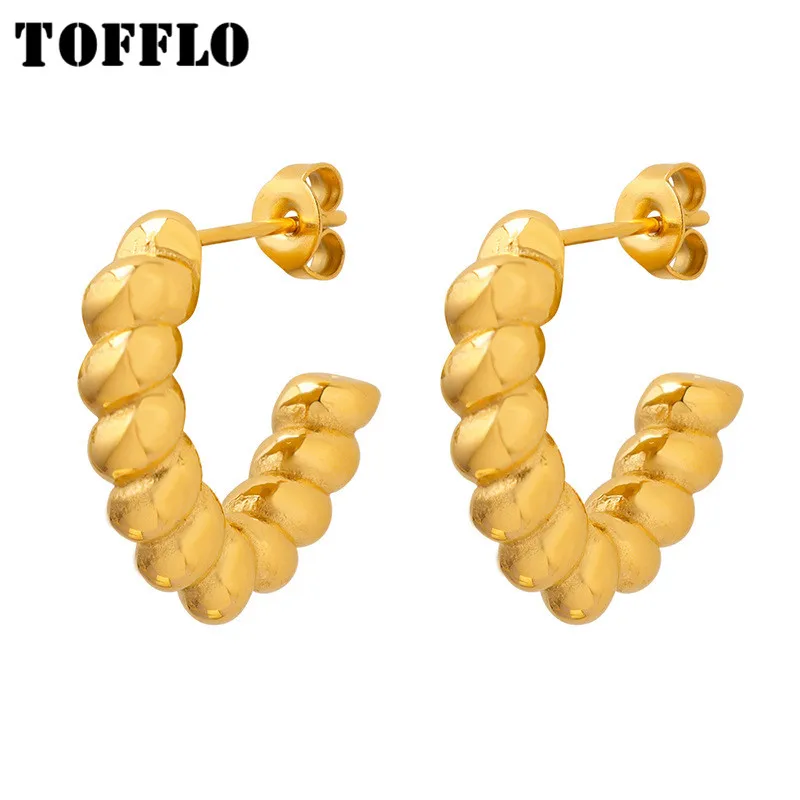 

TOFFLO Stainless Steel Jewelry Threaded Fried Dough Twist V-Shaped Earrings Women's Fashion Earrings BSF036