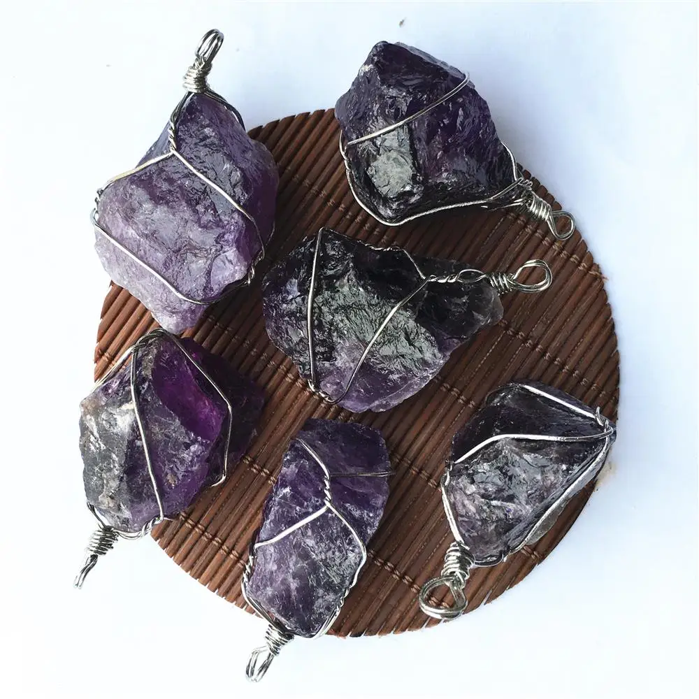 

New Natural Stone Amethysts Raw Ore Wire Wrapped Irregular Pendants Chakras Reiki for Women Jewelry Making 6Pcs Wholesale Lots