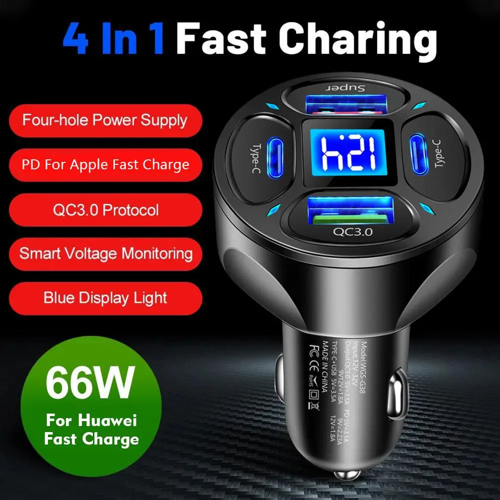 

4 Ports USB Car Charger Fast Charging PD Quick Charge V Car Phone USB Adapter 3.0 Display 12V To Charger 24 LED C 66W 2USB+ G0C7