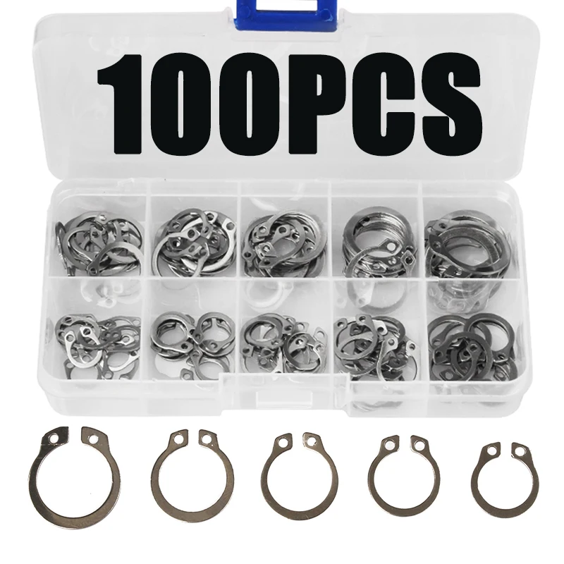 100PCS Circlip Set External/Internal Retaining E-type Cir clip Lock Snap Ring Set holes Shaft Collar Washer Stainless Steel