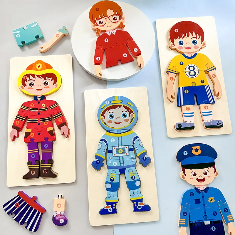 

Kids Wooden Jigsaw Puzzle 3D Cartoon Teacher Astronaut Character Cognition Baby Montessori Early Educational Toys For Boys Girls