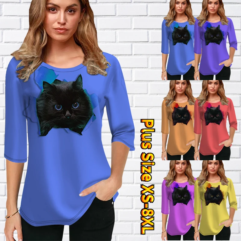 

Женский пуловер с принтом кошки, свободная повседневная футболка с круглым вырезом и полурукавами, Свободный Топ на осень и зиму, 2022