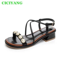 thick heel sandals female summer 2022 ladies cross strap open toe roman sandals one word buckle beaded high heels womens shoes