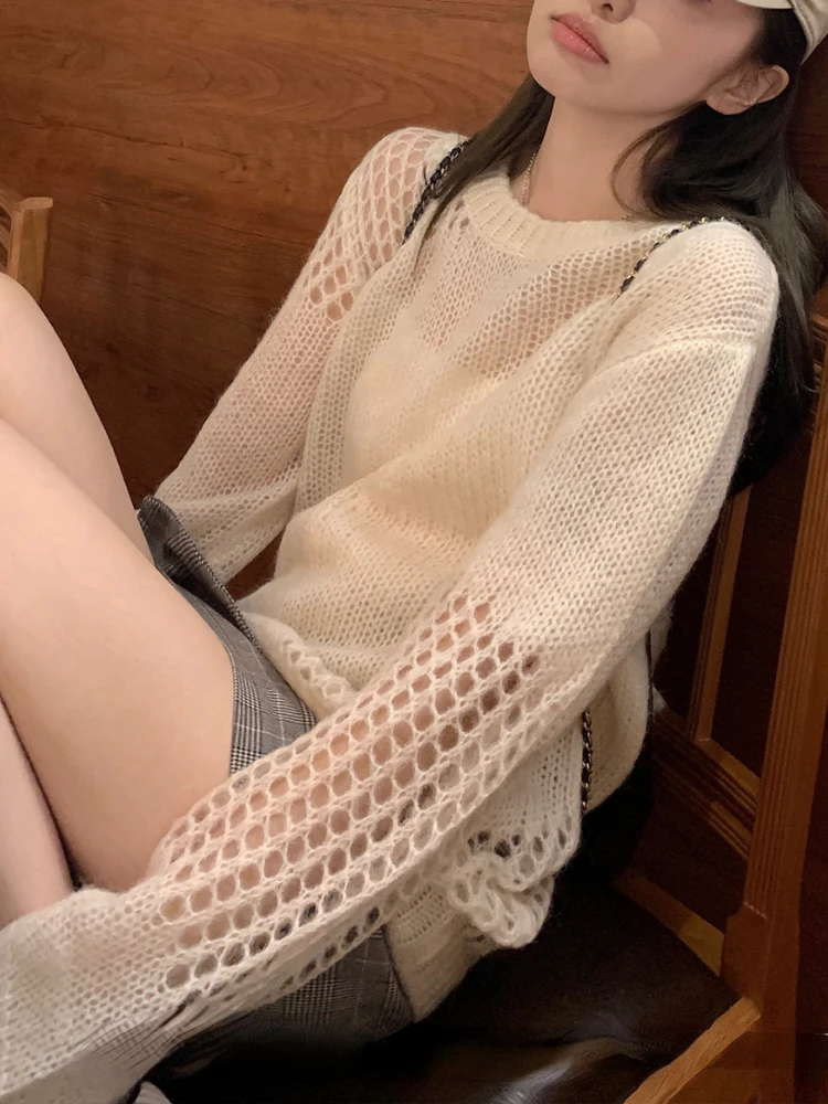 

2023 Autumn Casual Knitted Sweater Women Elegant Fur Pullover Office Lady Outwear Korean Fashion Y2k Clothing Chic Blouse