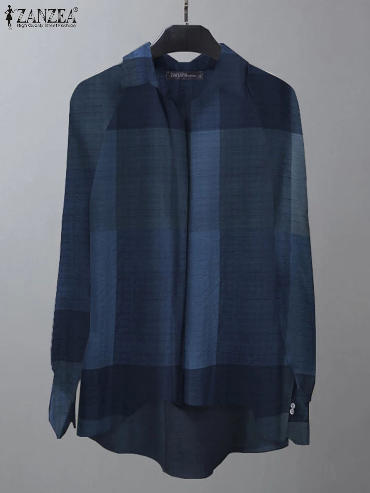 

Bohemian Elegant Casual Loose High Low Holiday Shirts ZANZEA Women Long Sleeved Oversized Baggy Blouse Lapel Plaid Check Tops