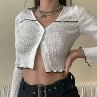 fashion casual v neck button cardigan stretch slim t shirt women thin see through long sleeve street white ruched tee tops lady