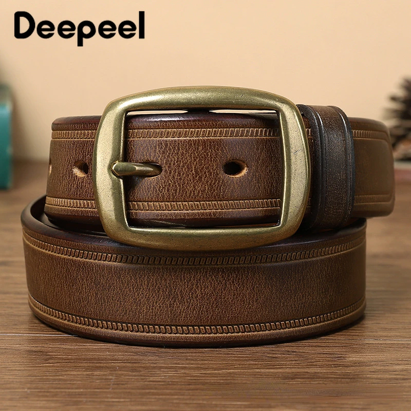 Deepeel 3.3cm Retro Genuine Leather Belt 105-125cm Men's Pure Brass Pin Buckle Head Layer Cowhide Waistband Casual Jeans Belts