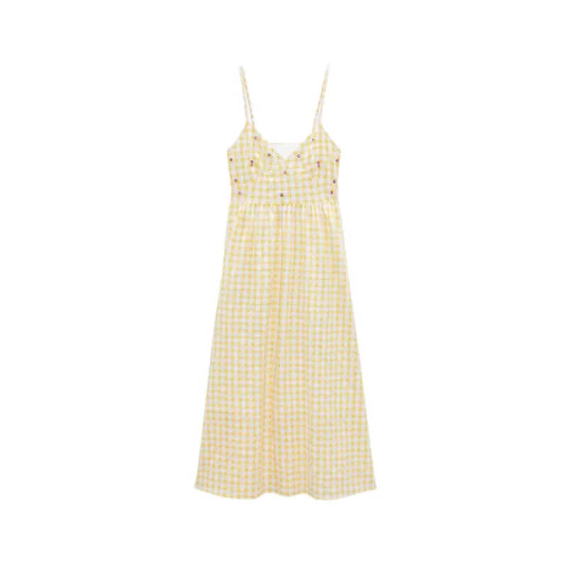 

PB&ZA summer new women's sweet and versatile flower decoration plaid V-neck suspender high waist long dress 0881/327