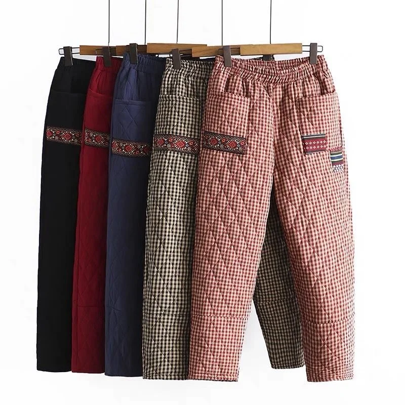 

Casual Plaid Cotton Padded Winter Pants Women Elastic High Waist Loose Vintage Pantalones Warm Oversized Down Quilted Trousers