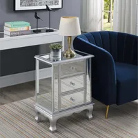 For Living Room Bedroom Bedtable Weathered White Glass Nightstand With 3 Storage Drawer Mirrored Accent Table With Sturdy Feet