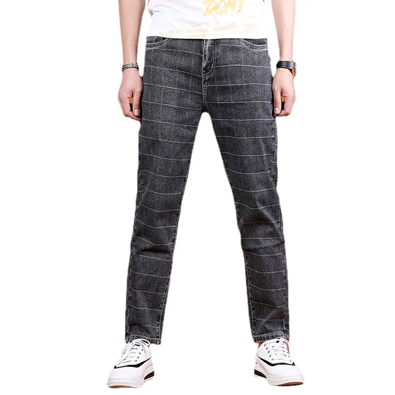 Summer Plaid Pants Men Jeans Fashion Casual Regular Straight Dark Gray Cotton Denim Trousers