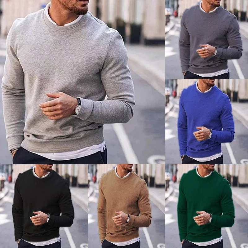 

Long sleeve men's Fall 2022 pullover solid color round neck Waffle knit can match inside