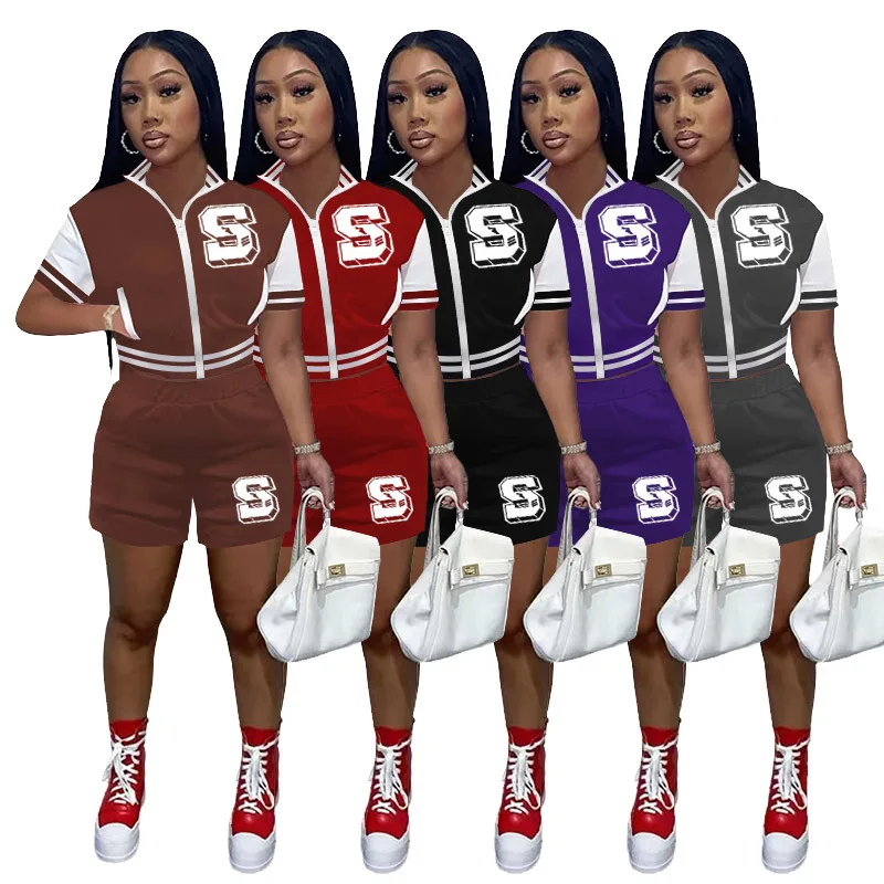 

Женский летний комплект из двух предметов, куртка на молнии с коротким рукавом и шорты, бейсбольная форма, Спортивный Повседневный костюм с ...