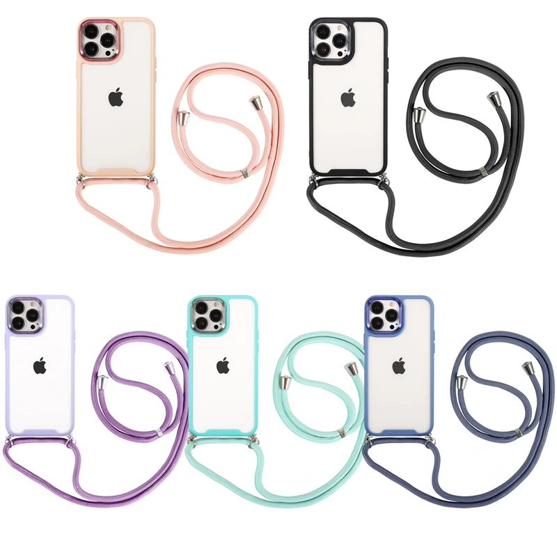 

Fashion Thickened Frame Strap Cord Phone Case For IPhone 14 13 12 Pro Max 11 7 8 Plus XS XR Clear Lanyard Rope Shockproof Cover