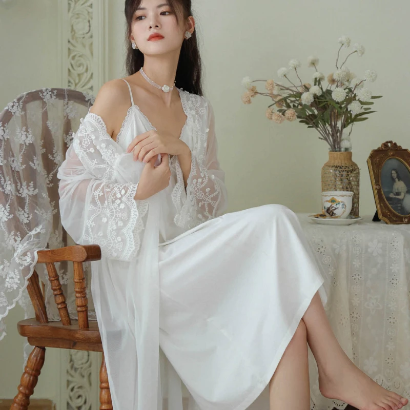 

Халат женский в викторианском стиле, пижама для невесты, романтичная ночная рубашка, винтажное платье, сетчатый Белый пеньюар для принцессы...