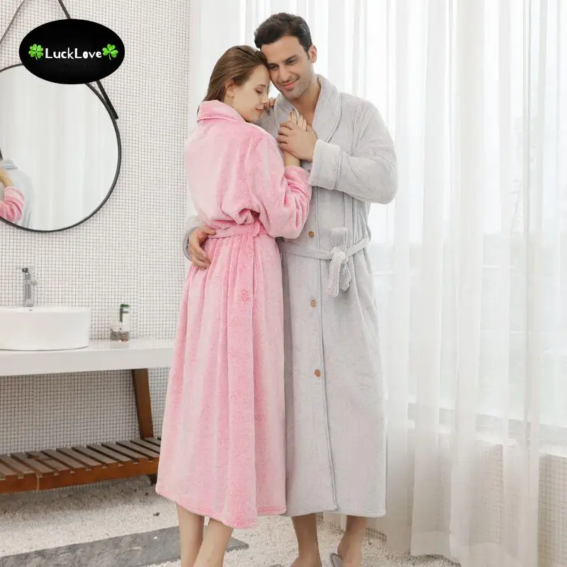 Plus Size Winter Male Flannel Sleepwear Buttons Robe Couple Gown Thicken Long Nightgown Casual Men Soft Loose Home Bathrobe