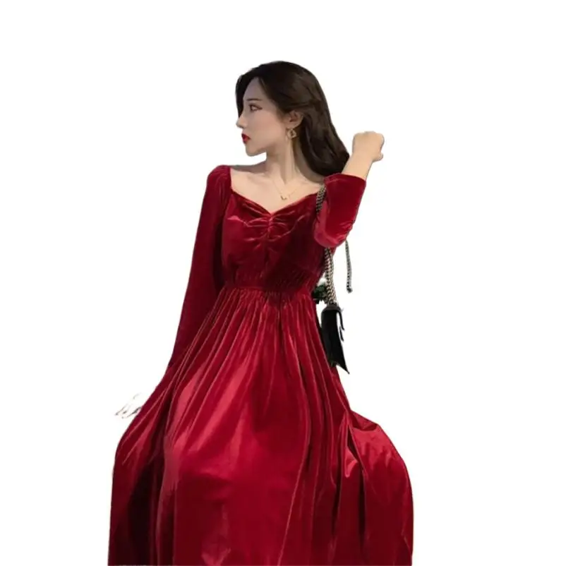 

Женское Повседневное платье-трапеция во французском стиле на осень и зиму, модные облегающие Женские длинные платья, однотонное бархатное платье
