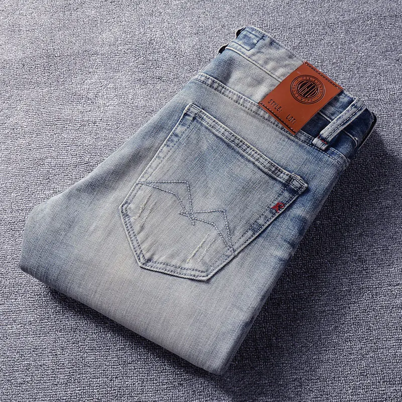 Italian Style Fashion Men Jeans Retro Light Blue Slim Fit Ripped Jeans Men High Quality Vintage Designer Casual Pants Hombre
