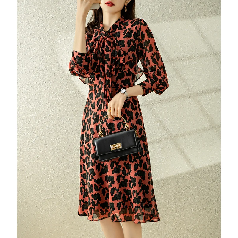 

WK Leopard Print French Dress with Ribbon Long Sleeve Shirt Dress Long Dress for Women 23 Spring Q213153