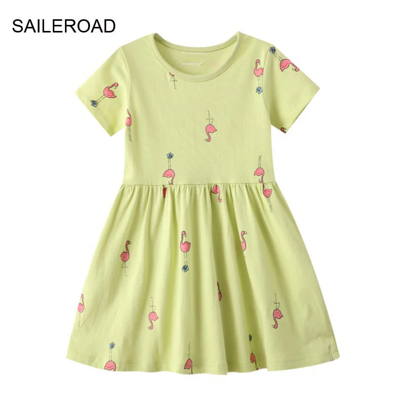 SAILEROAD 2-7Y 2022 New Summer Children Cotton Short Sleeve Flamingos Dresses Kids for Girls Skirt Fashion Clothes