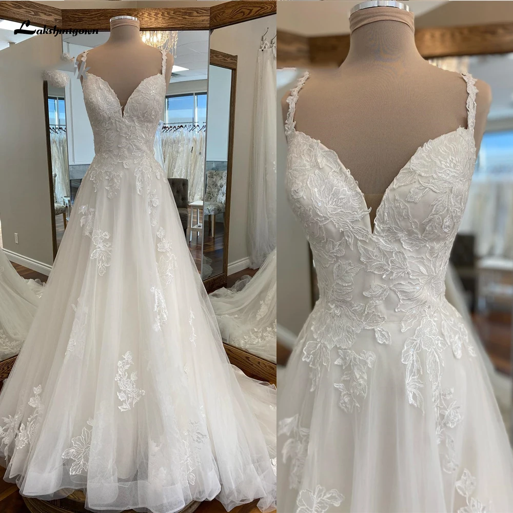 

Lakshmigown Soft A Line Wedding Dress Spring Bridal Gowns Spaghetti Straps Lace Appliques Tulle Horsehair Skirt Buttons Low Back