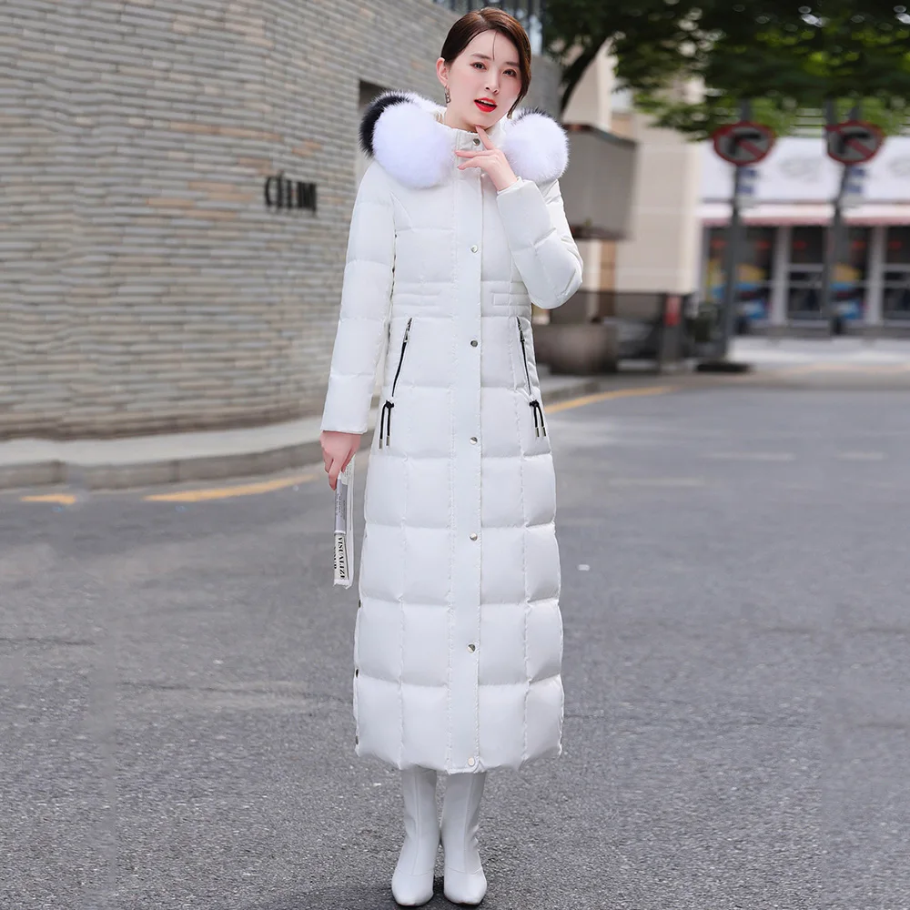 New Women Long Down Coat Winter Fashion Hooded Two-colour Real Fox Fur Collar Thicken Warm Down Jacket Female Slim Overcoat