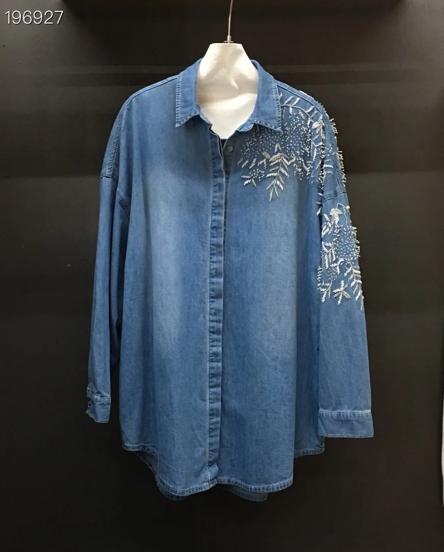 

2022 early spring literary style retro heavy industry beaded washed soft denim shirt female silhouette casual coat tide
