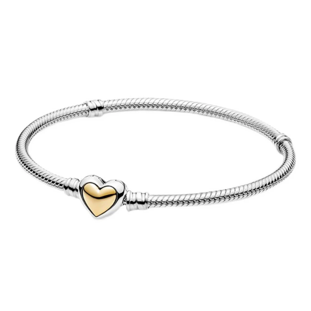 

925 Silver Domed Golden Heart Clasp Snake Chain Bracelet Fit for Pandora Trendy Making Party Woman Fashion Jewelry Gift