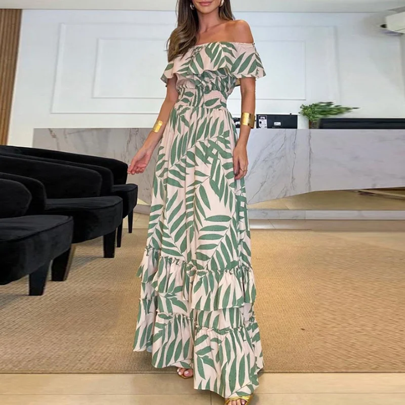 

Women Off Shoulder Ruffle Boho Maxi Dress Spring Slash Neck Backless Hollow Party Dress Summer Leaves Print Pleated Long Dresses