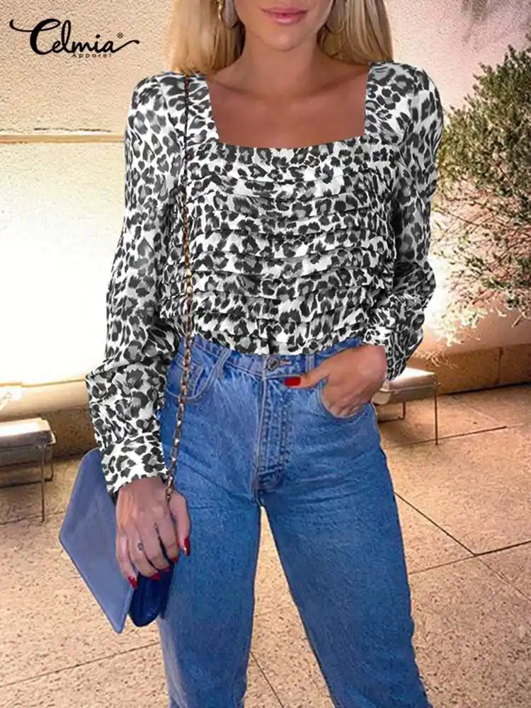 

Блузка Celmia Женская плиссированная с квадратным вырезом, Повседневная модная рубашка с длинным рукавом и леопардовым принтом, пикантная уличная одежда, весна 2023