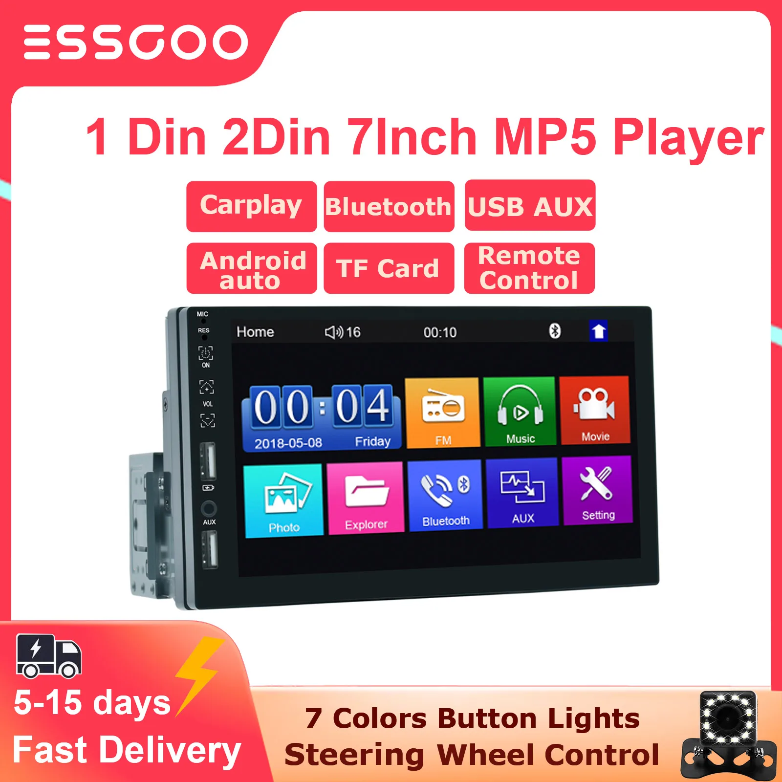 Автомагнитола ESSGOO MP5, мультимедийная стерео-система с цветными кнопками, Bluetooth, типоразмер 2 Din, с экраном