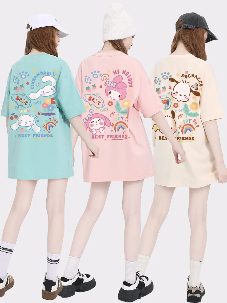 

Sanrios Kawaii Anime Kuromi My Melody Cinnamoroll Cute Cartoon Women's Pure Cotton Loose Large Size Short Sleeve T-Shirt Gift