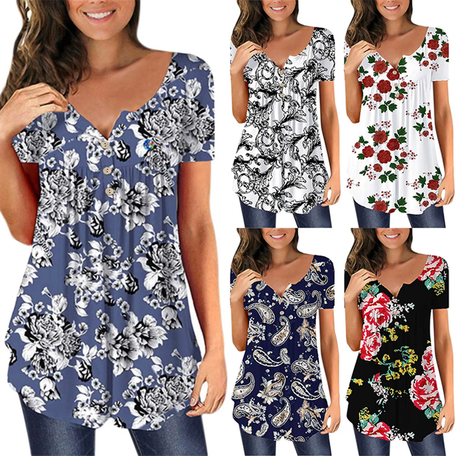 

Женская летняя модная туника на пуговицах с коротким рукавом, Повседневная плиссированная футболка, женские повседневные рубашки