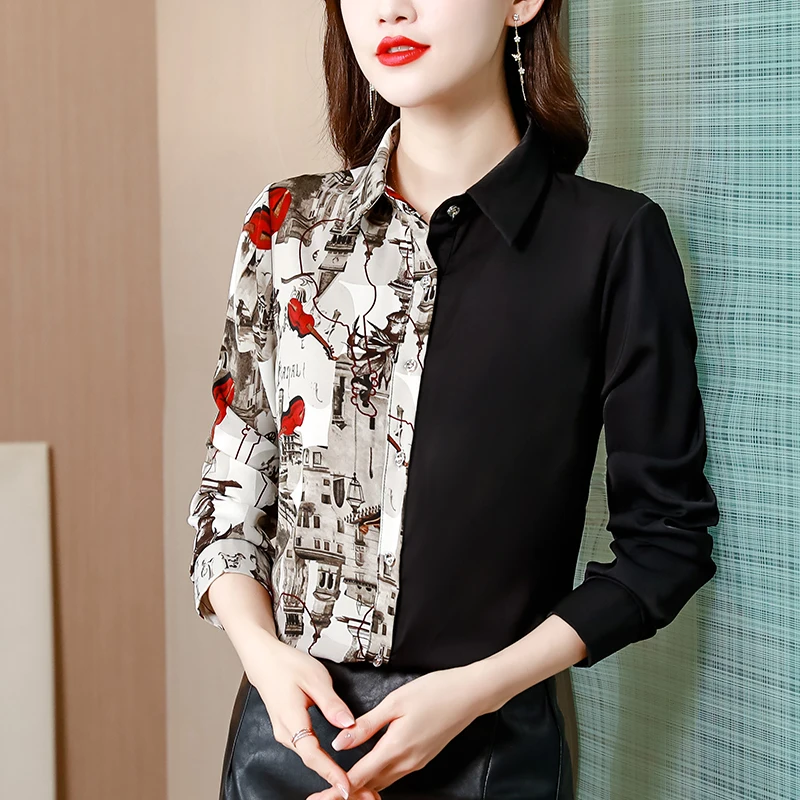 

Блузка женская из поплина, модная рубашка-поло, повседневный Топ с длинным рукавом, с принтом в стиле пэчворк, летняя женская одежда, Houthion