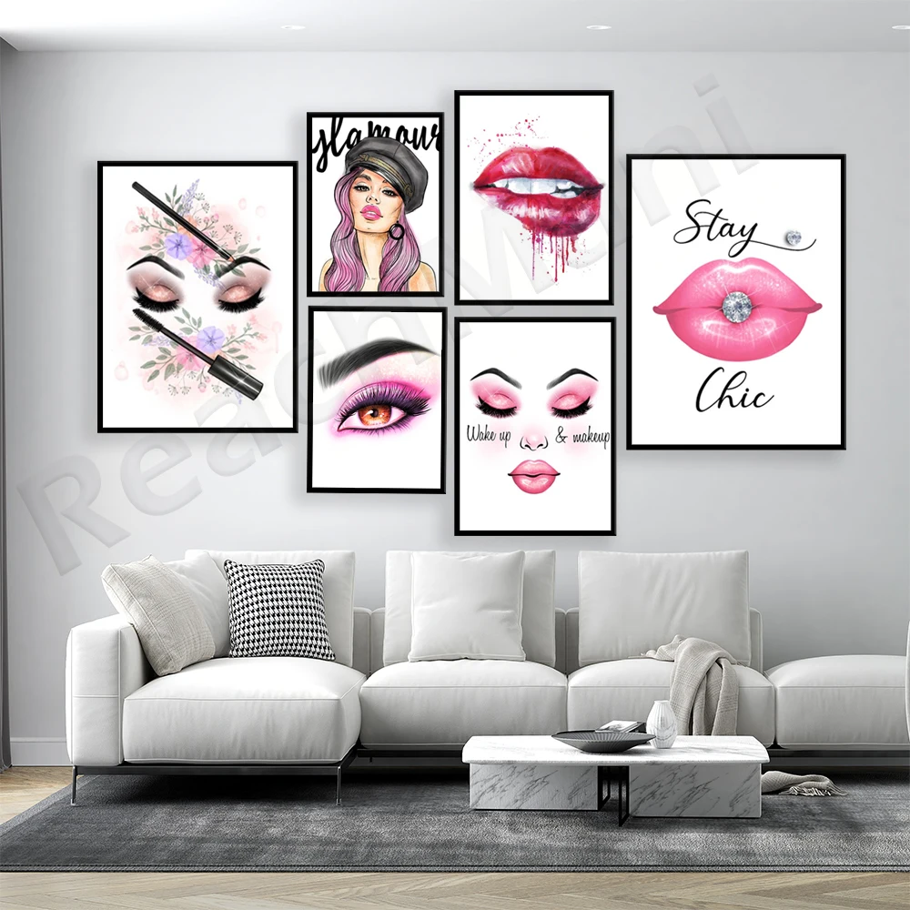 

Luxury makeup poster, eyelash makeup woman lips eye shadow lipstick, nail art manicurist gift, beauty salon fashion poster