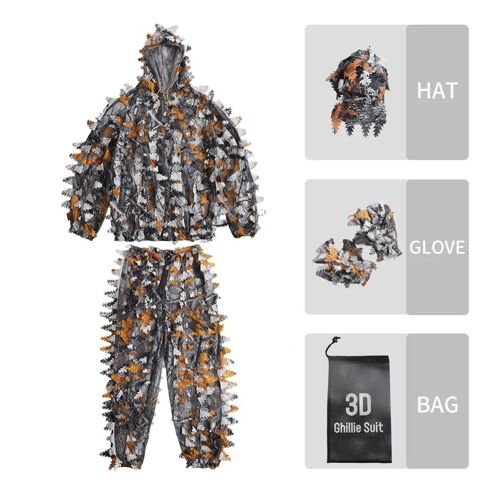 

3D Leaf Camouflage Suit Jacket Pants Hat Glovers 4pcs Set Bionic Dry Leaves Camo Ghillie Suit Hunting Clothing Light Weight