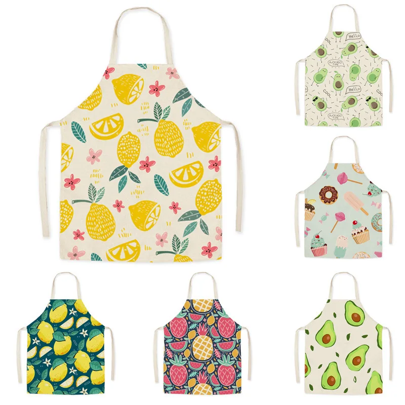 

Fashion Kitchen Apron for Men Women Kid Lemon Desserts Printed Cotton Linen Sleeveless Aprons Home Cooking Baking Cleaning Tools
