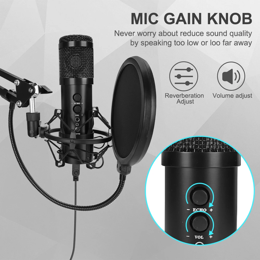 USB Mute Key MIC USB Gaming Podcast Microphone  with Noise Reduction Echo Volume Control for PC Laptop Mac Live Streaming Record images - 6