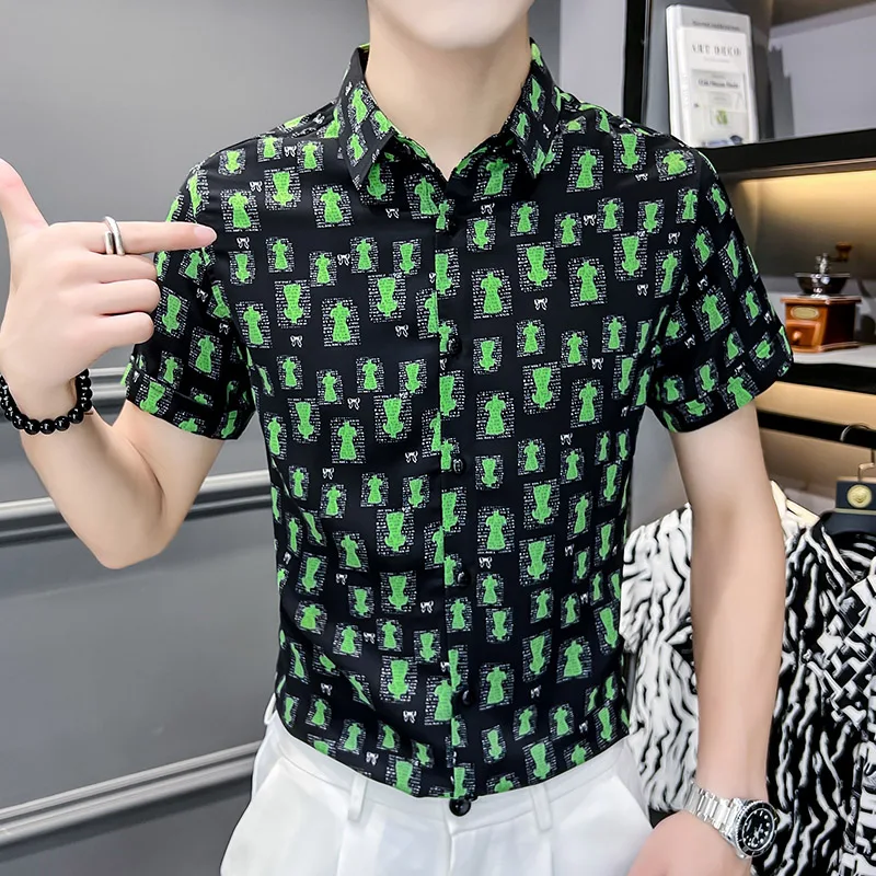 Fashion Printed Shirts Men 2022 Summer Short Sleeve Ice Silk Casual Slim Shirt Business Formal Dress Shirts Camisas Para Hombre