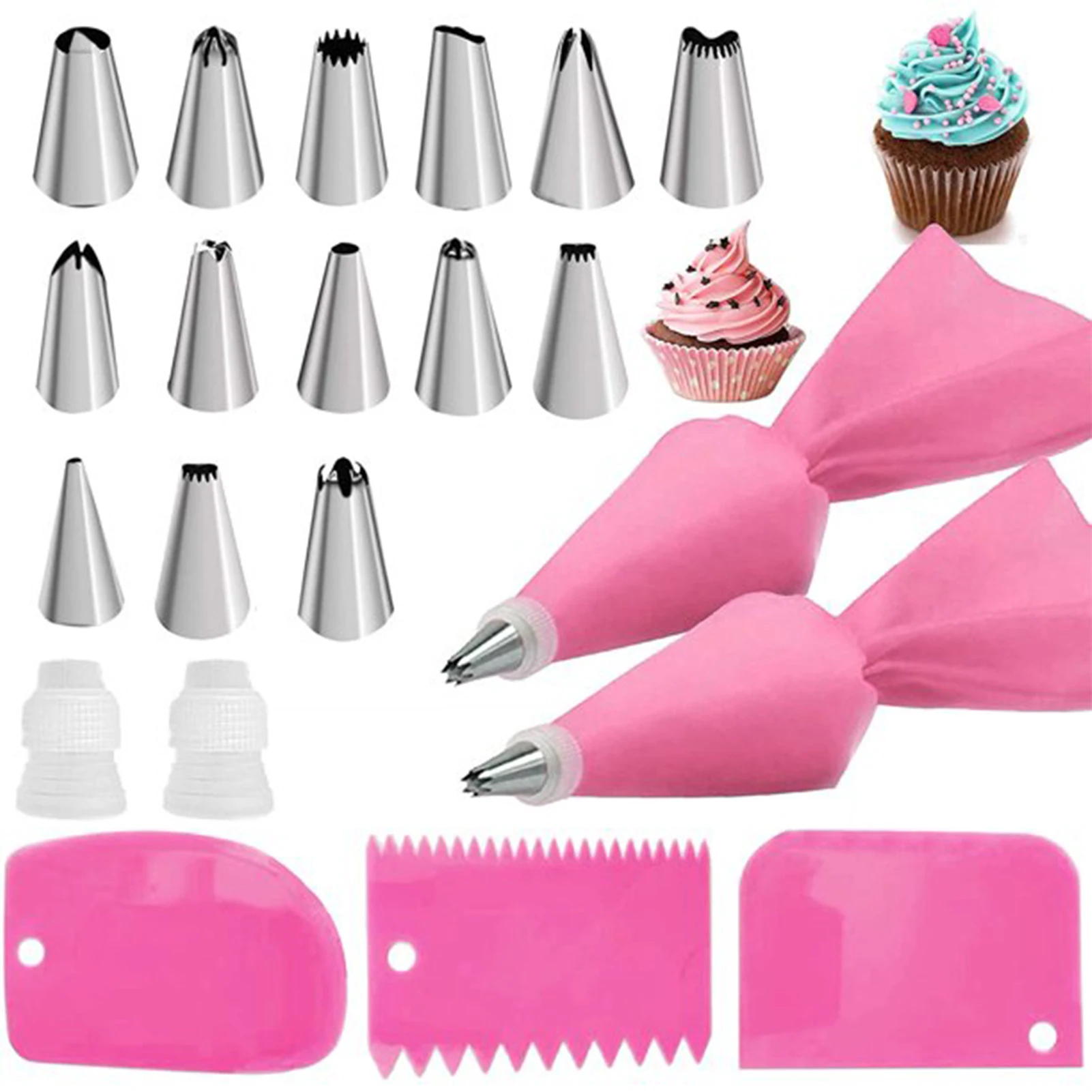 

Reusable Silicone Pastry Bag with Stainless Steel Nozzle Icing Tips Set Smoother Couplers Sealing Baking Decorating Cake Tool