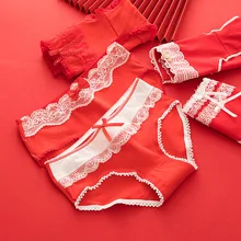 Culotte en coton pour femmes, slip en dentelle rouge, slip en coton, taille moyenne, sans couture, sous vêtement féminin, mignon, confortable  (3)