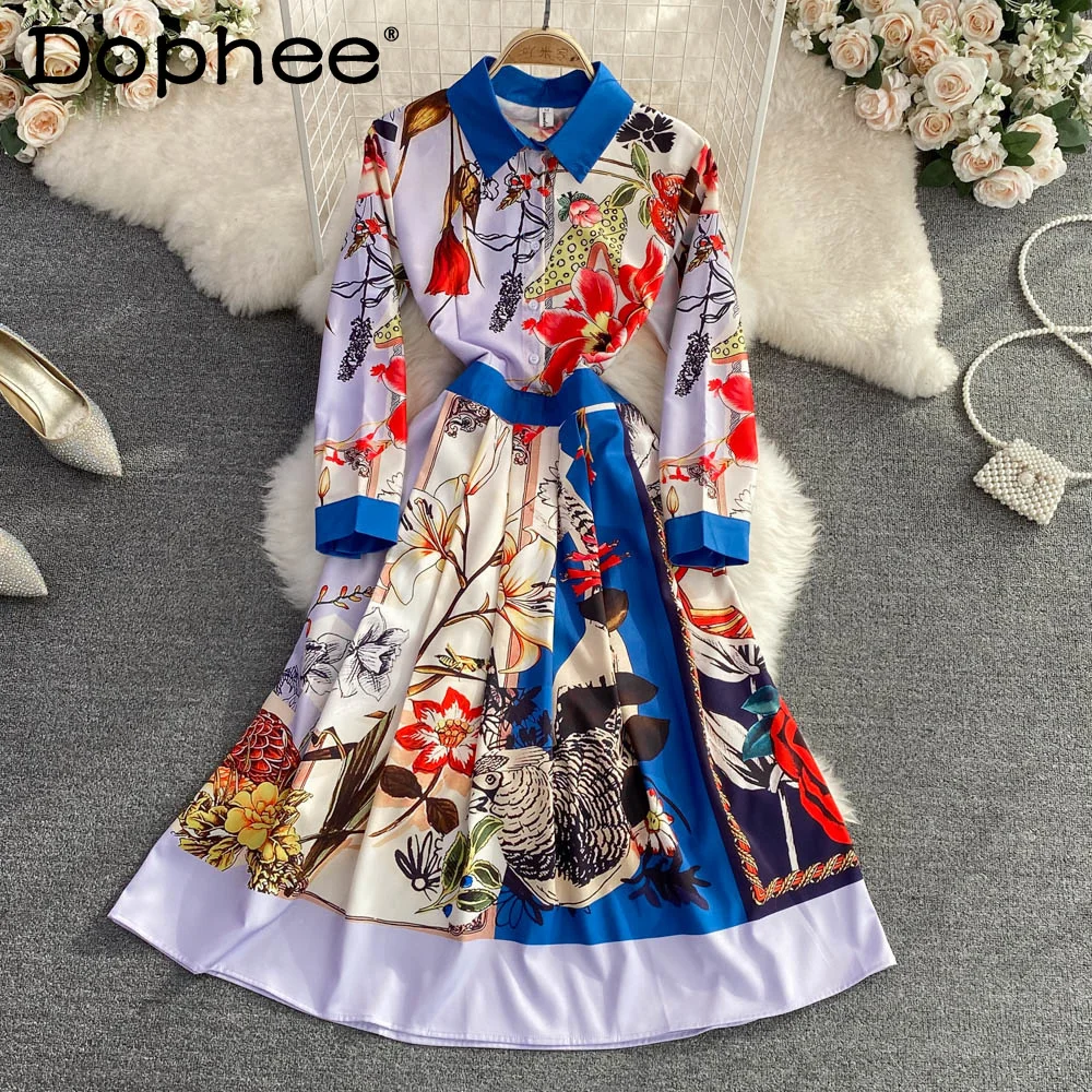 

Women Vintage Print Holiday Dress Lapel Long Sleeve New Arrivals Lady Sexy Temperament Fashion Spring Autumn 2022