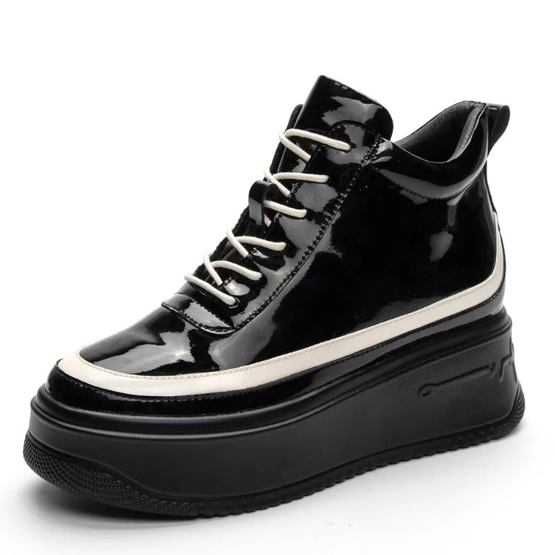 

7cm Patent Synthetic Platform Wedge Ankle Boots Autumn Pumps Women Non Slip Fashion Super Thick Females Plush Warm Shoes