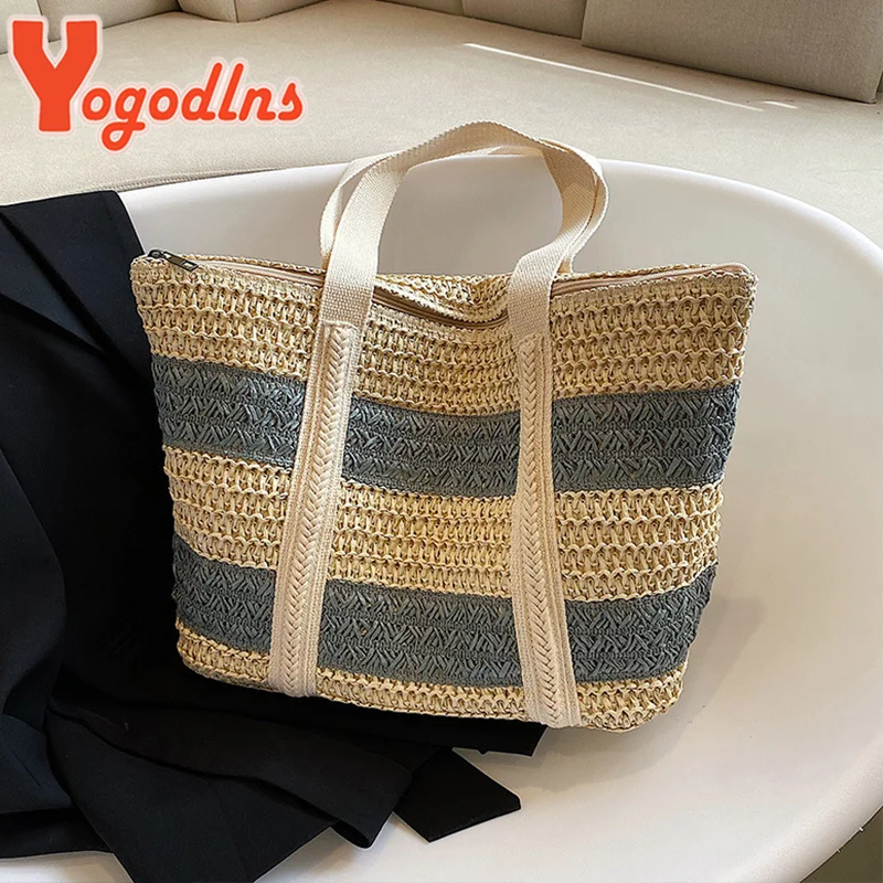 

Летняя соломенная сумка через плечо, Женская контрастная цветная сумка-тоут из ротанга для отпуска, вместительная сумка