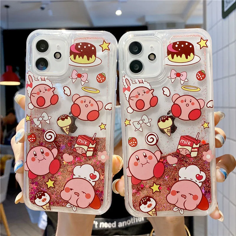 Купи Cartoon Cute Kirby Quicksand Sequins Phone Case For iPhone 14 13 12 11 Pro Max XR XS MAX 8 X 7 SE 2020 Anti-drop Soft Back Cover за 221 рублей в магазине AliExpress