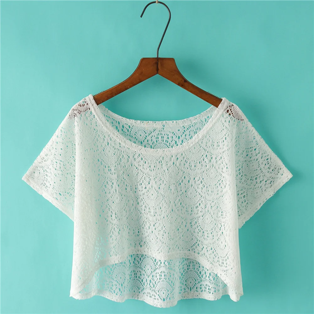 

Women's Hollow Crochet Cover-ups Summer Short Sleeve Crew Neck Shirt Tops Solid Color Open Navel One Size Blouse Tee NIN668