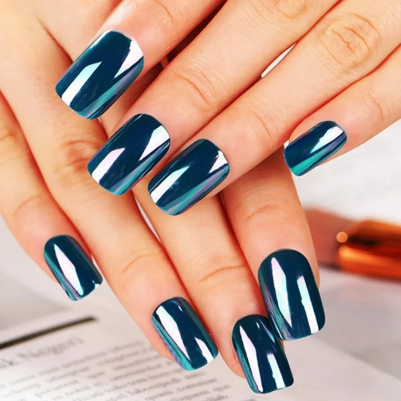 24 шт. Короткие накладные ногти с клеем Квадратный клей на ногтях Металлические