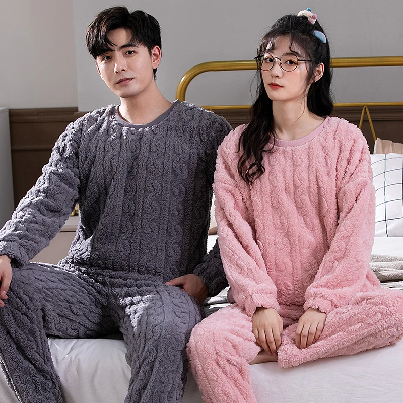 Winter thickened couple pajamas flannel pajamas women's plus velvet plus size coral fleece men's home clothes 2-piece set