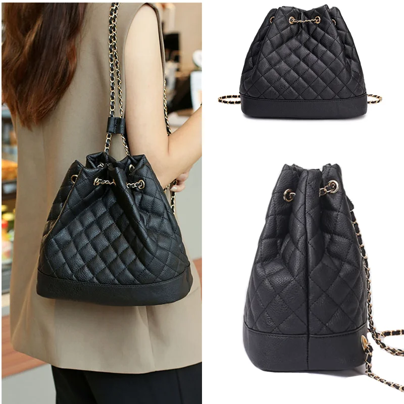

Rhombus Chain Backpack For Females Waterproof PU Urban Simple Top Quality Shoulder Bag Lock Type Drawstring Strap Pockets