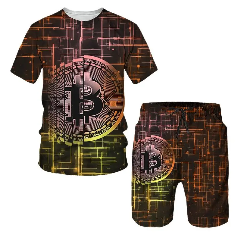 Bitcoin Pattern T Shirt For Men Casual Shorts 2 Piece Outfit Fashion Trend Summer Sports Sets Funny Streetwear Short Sleeve Tops